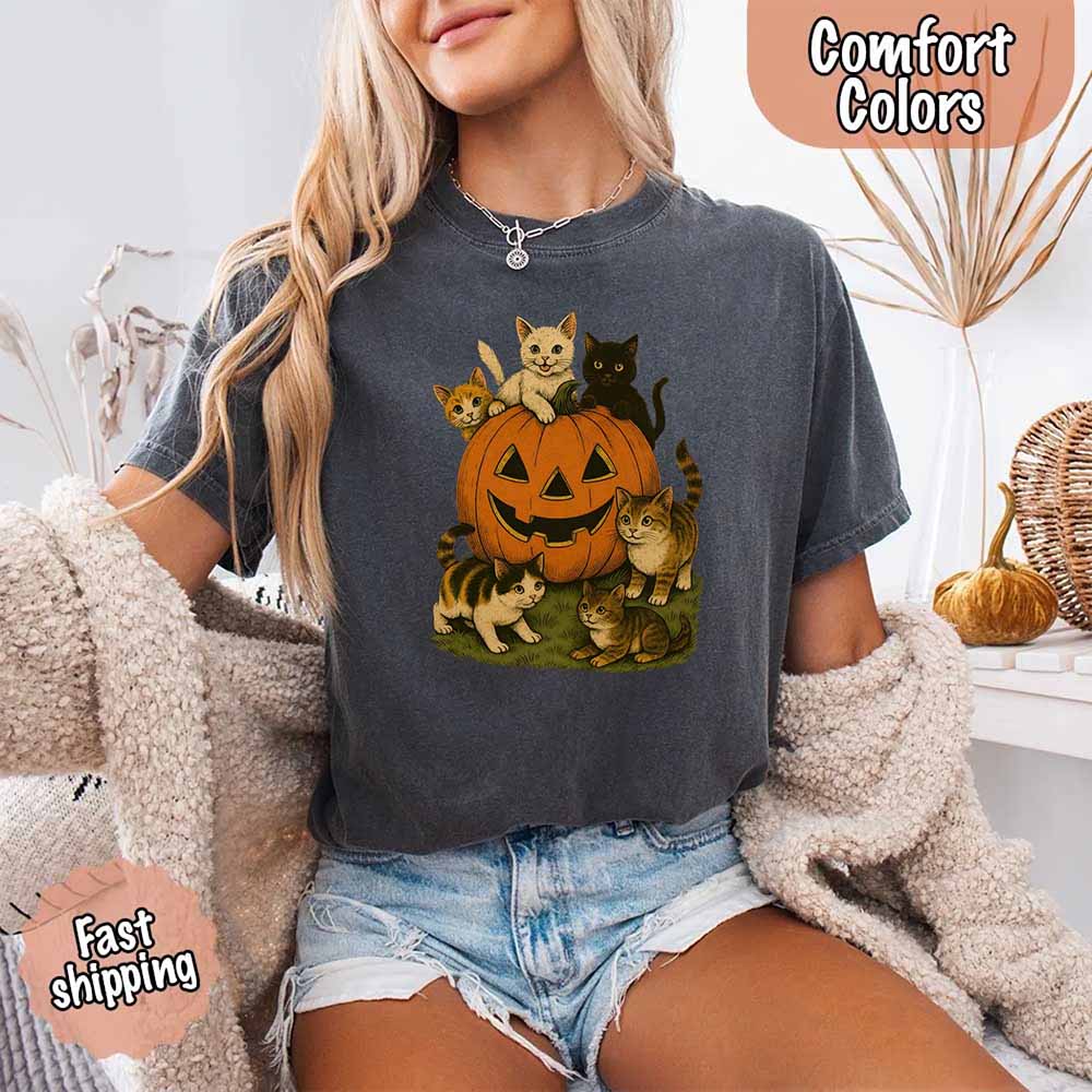 Vintage 90s Cat Halloween Shirt Comfort Colors Retro Tee