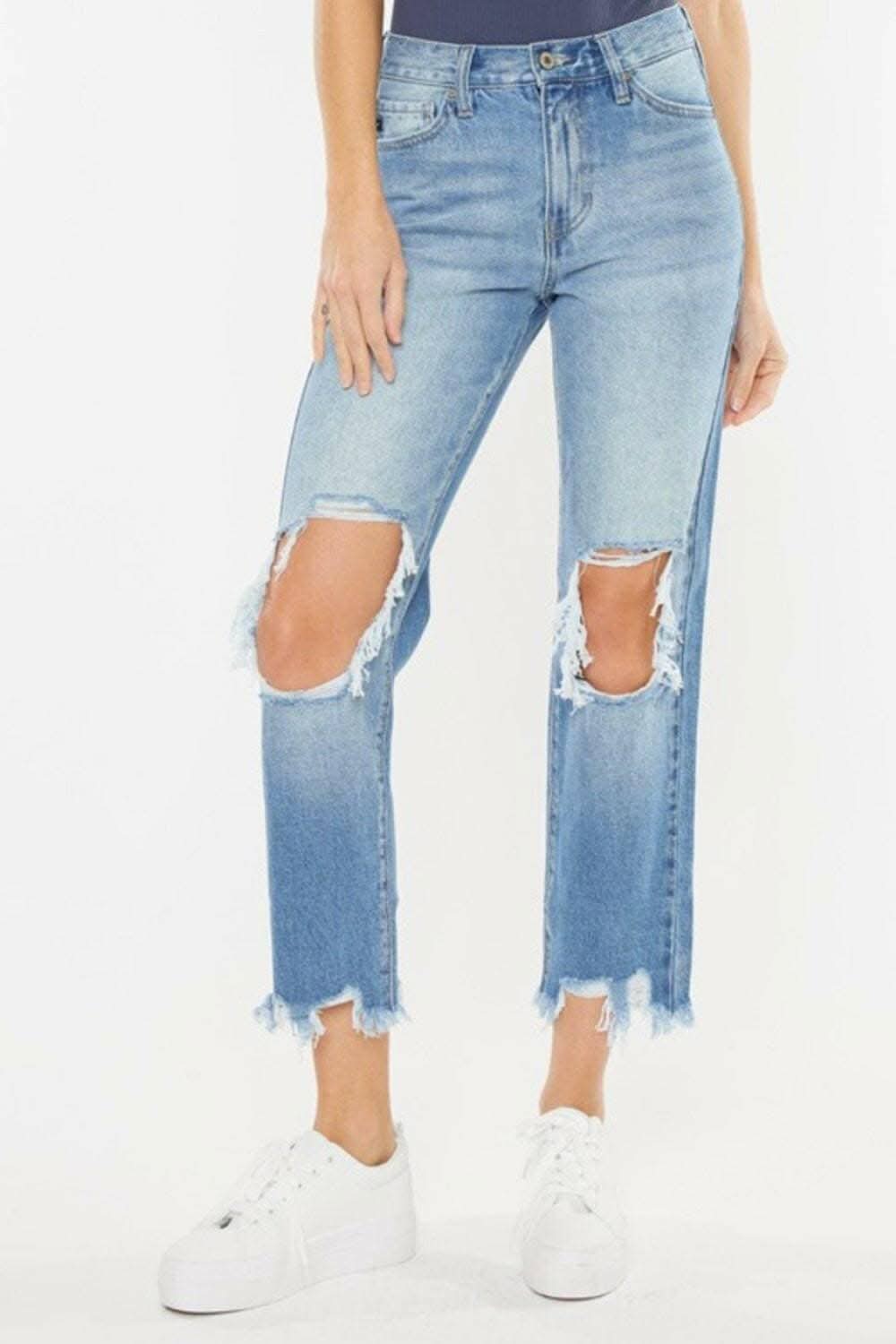 Vintage Blue High Rise Straight Leg Jeans with Chewed Up Detailing 
