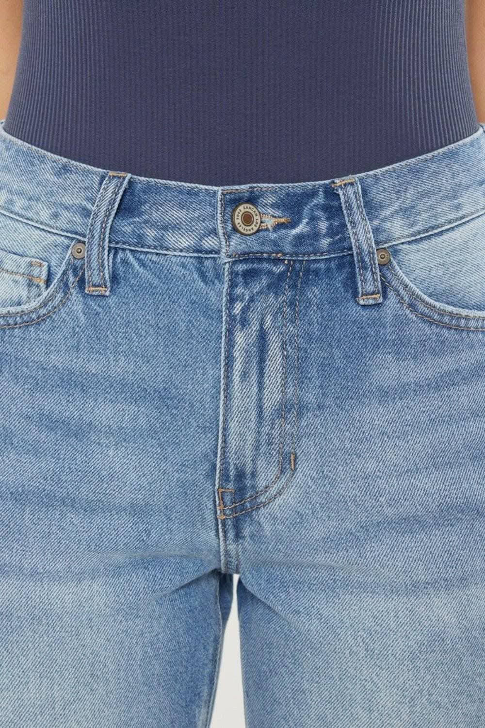Vintage Blue High Rise Straight Leg Jeans with Chewed Up Detailing 