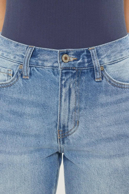 Vintage Blue High Rise Straight Leg Jeans with Chewed Up Detailing 
