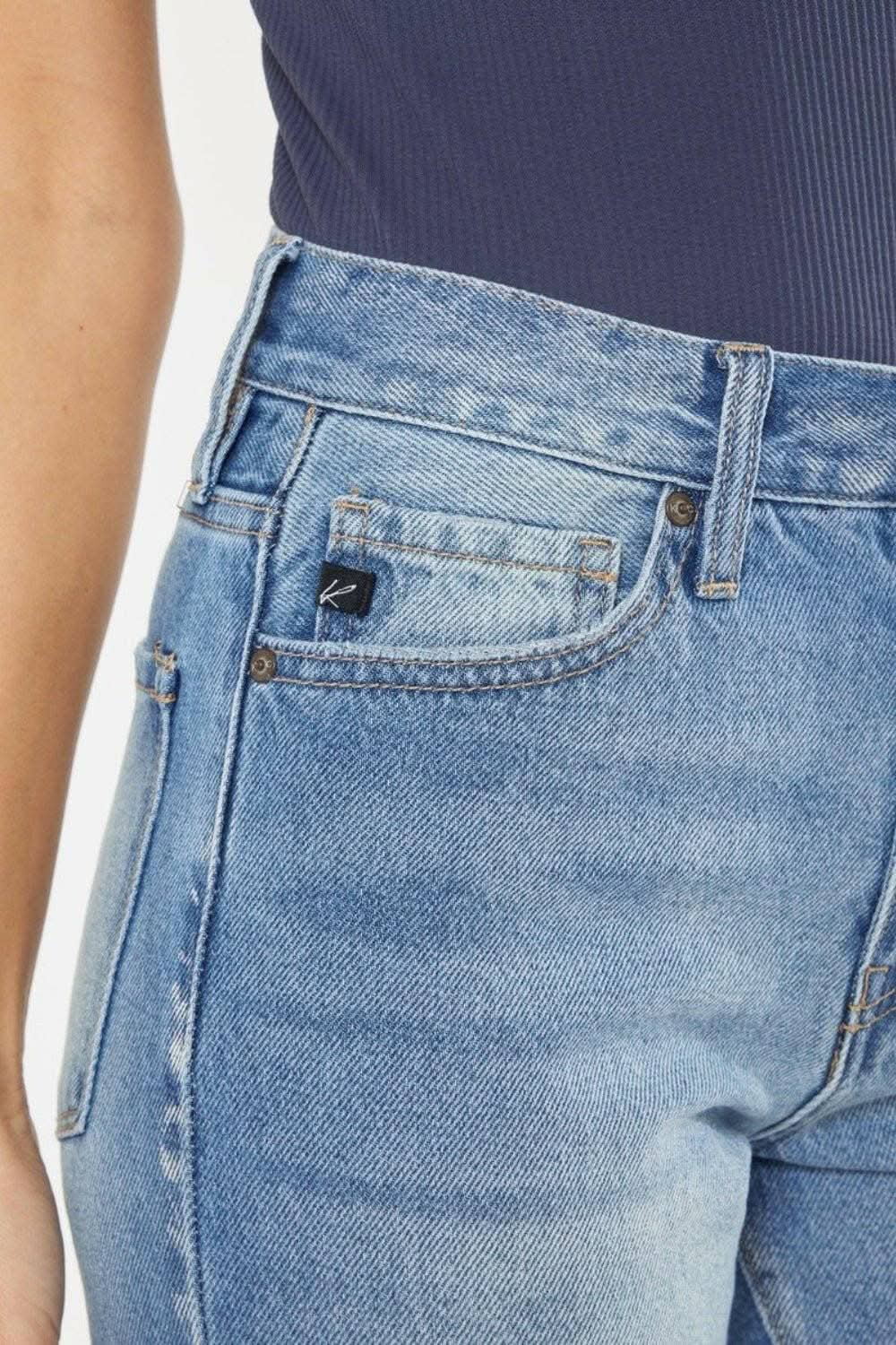 Vintage Blue High Rise Straight Leg Jeans with Chewed Up Detailing 