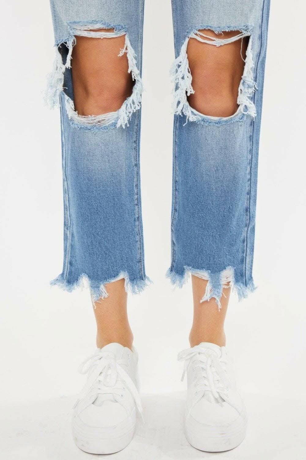 Vintage Blue High Rise Straight Leg Jeans with Chewed Up Detailing 