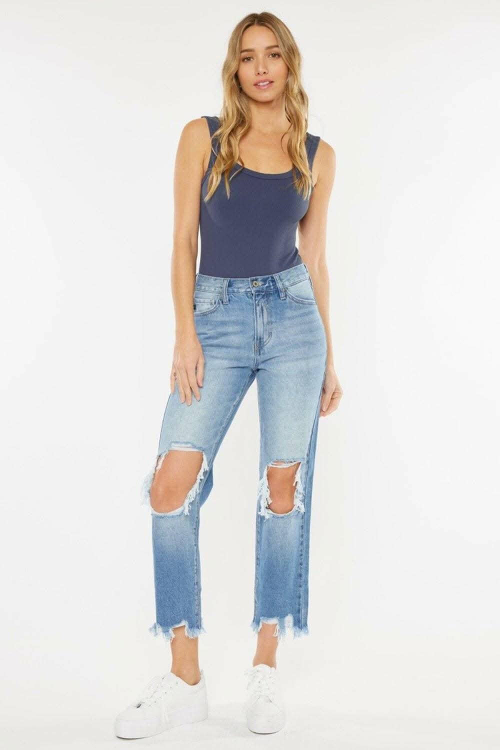 Vintage Blue High Rise Straight Leg Jeans with Chewed Up Detailing 