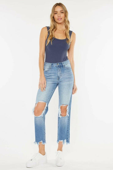 Vintage Blue High Rise Straight Leg Jeans with Chewed Up Detailing - Love Salve 