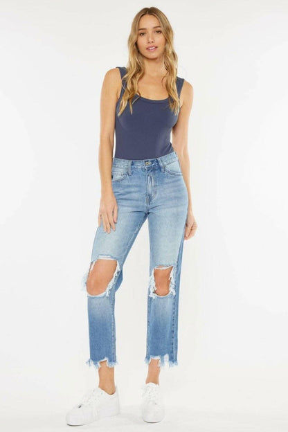Vintage Blue High Rise Straight Leg Jeans with Chewed Up Detailing 