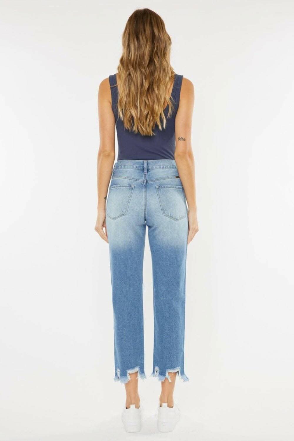 Vintage Blue High Rise Straight Leg Jeans with Chewed Up Detailing 