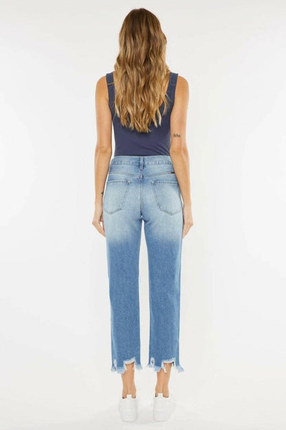 Vintage Blue High Rise Straight Leg Jeans with Chewed Up Detailing 