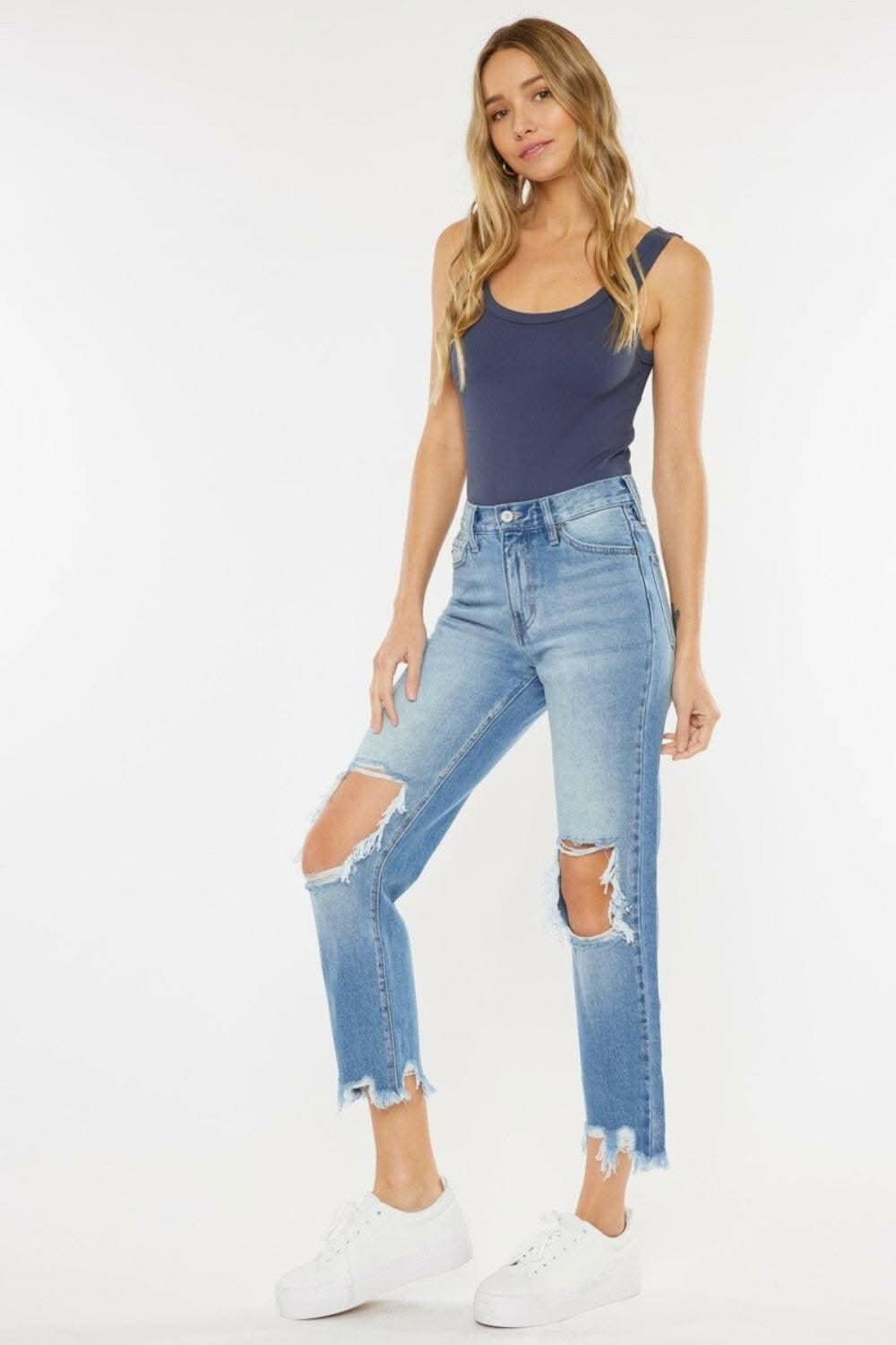Vintage Blue High Rise Straight Leg Jeans with Chewed Up Detailing 