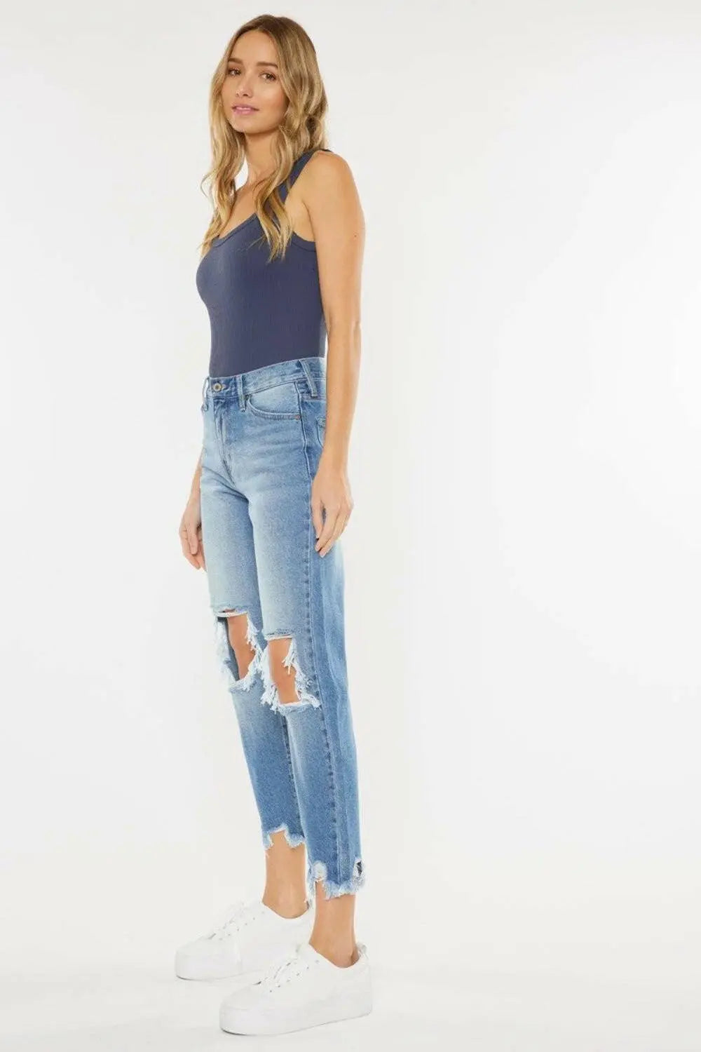 Vintage Blue High Rise Straight Leg Jeans with Chewed Up Detailing - Love Salve 