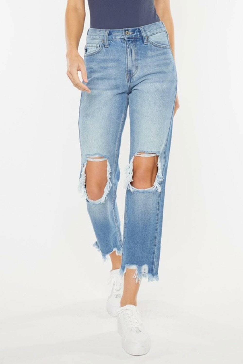 Vintage Blue High Rise Straight Leg Jeans with Chewed Up Detailing 