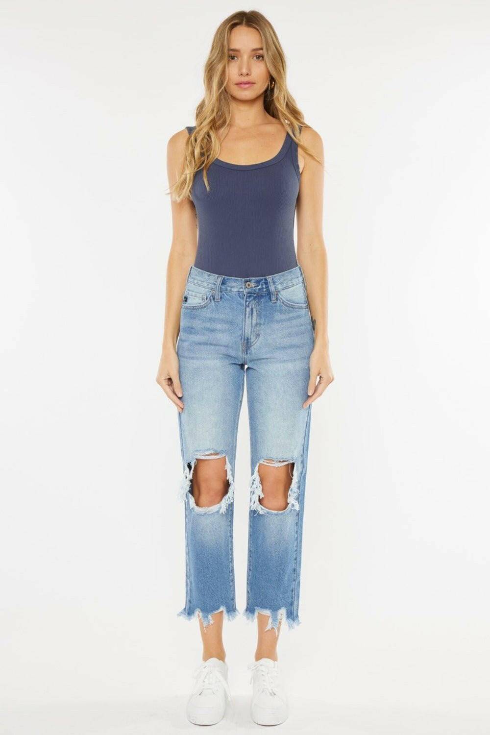 Vintage Blue High Rise Straight Leg Jeans with Chewed Up Detailing 