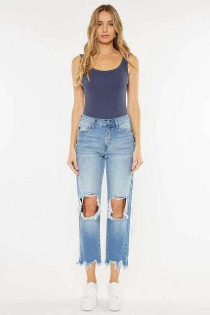 Vintage Blue High Rise Straight Leg Jeans with Chewed Up Detailing 