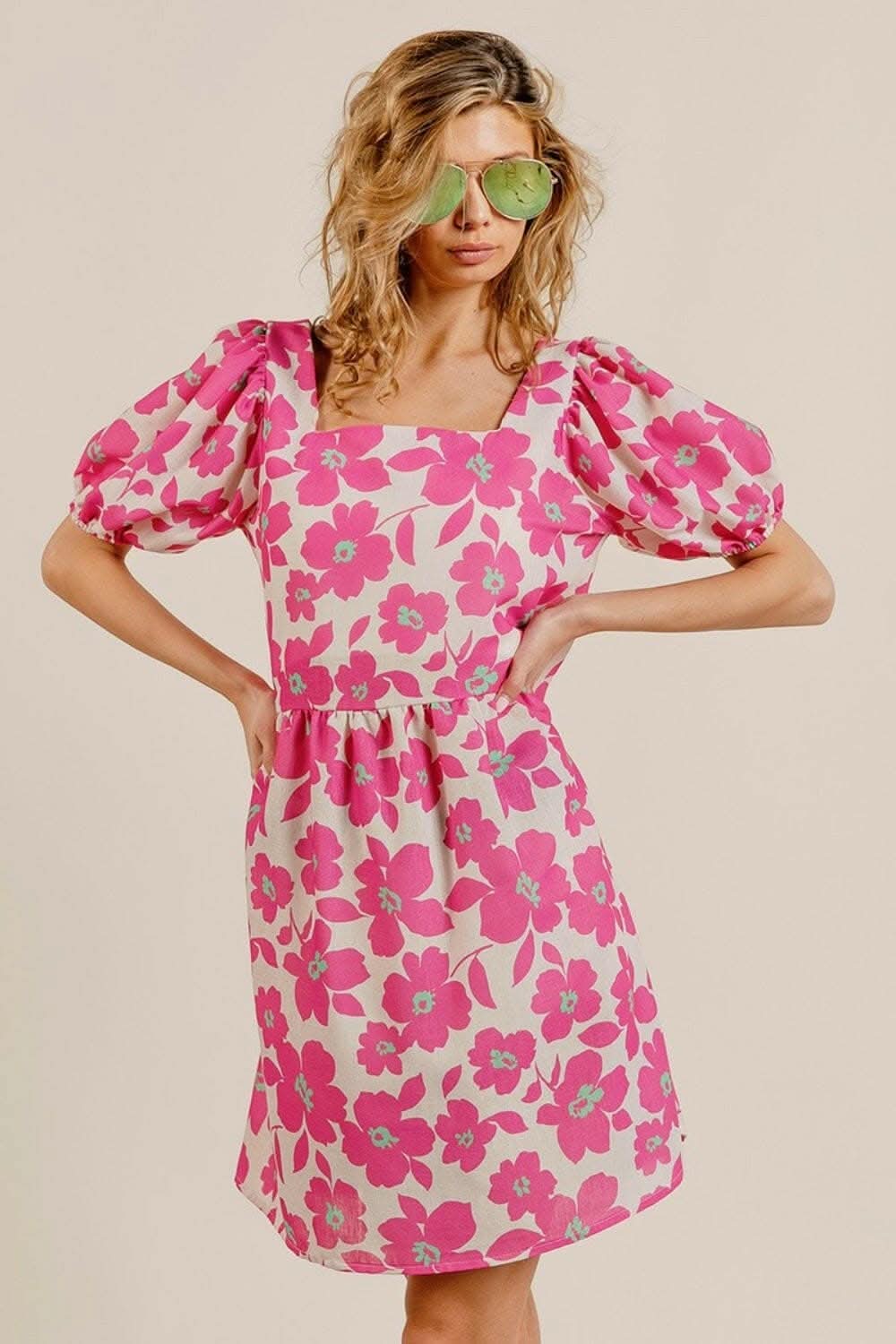Vintage Charm Square Neck Puff Sleeve Mini Dress with Unique Print 