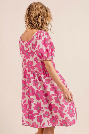 Vintage Charm Square Neck Puff Sleeve Mini Dress with Unique Print 
