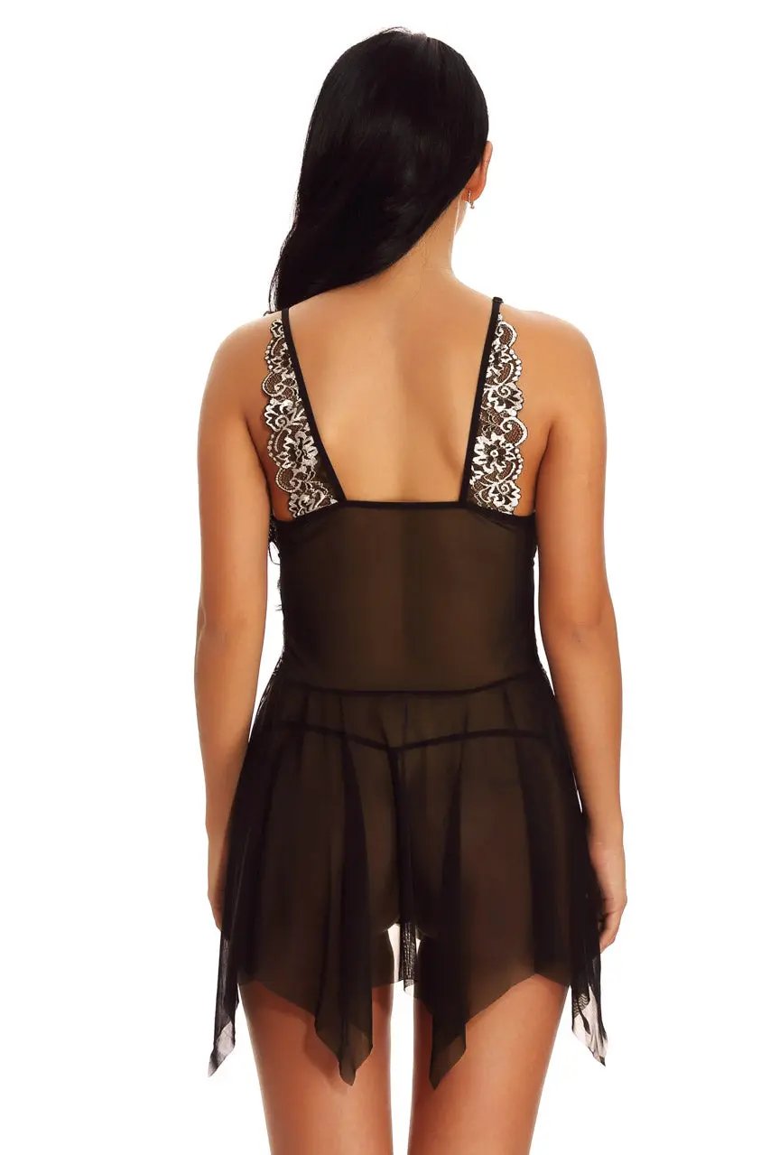 Mesh and Contrast Lace Babydoll 3wishes.com