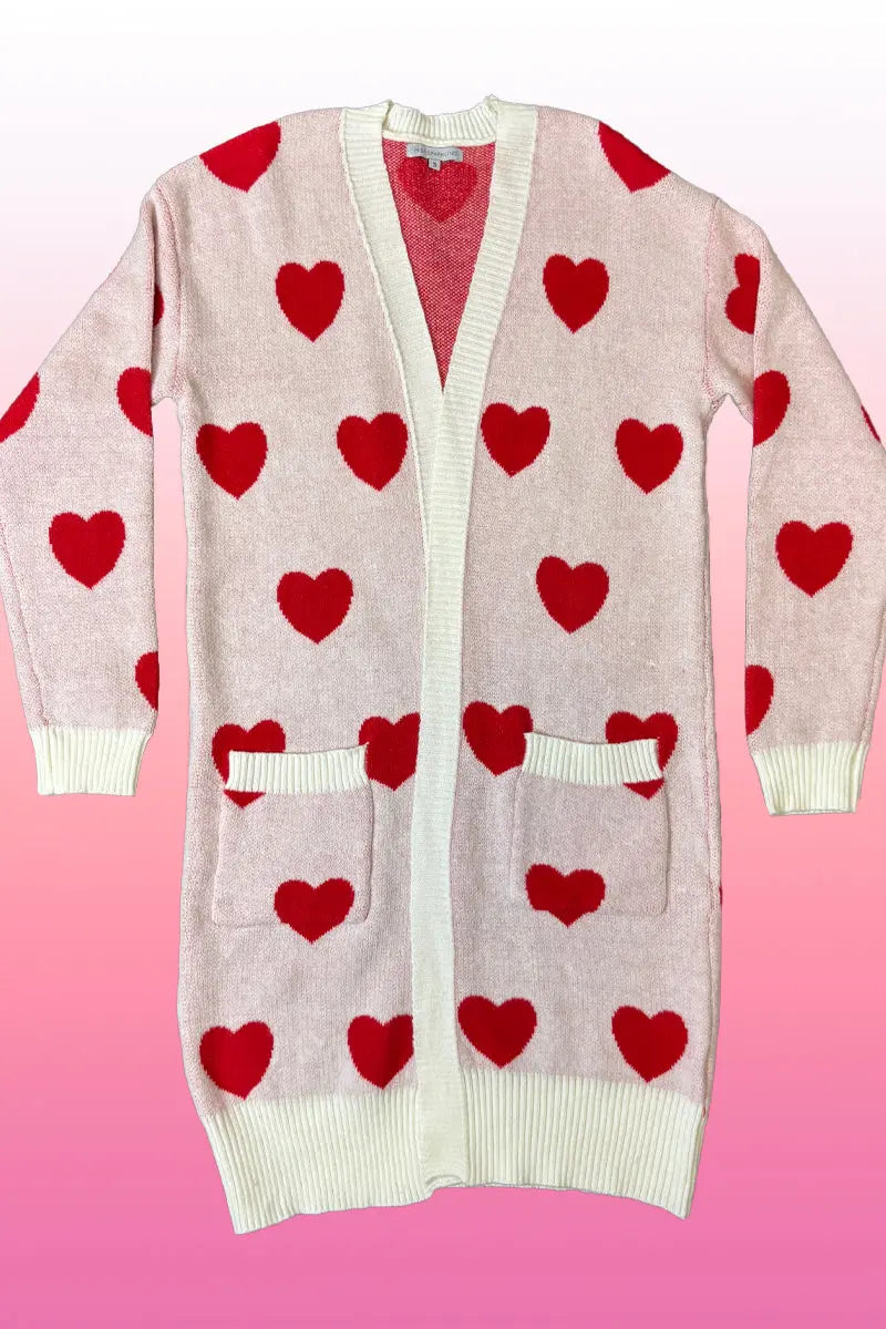 All Over Heart Pattern Cardigan Soft Knit Relaxed Fit Miss Sparkling