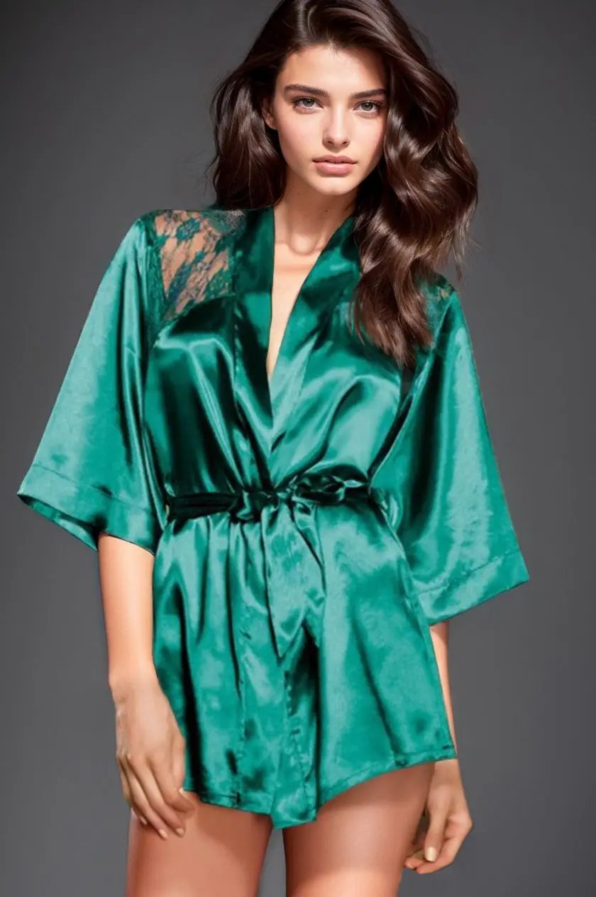 Satin Robe with Lace 3wishes.com