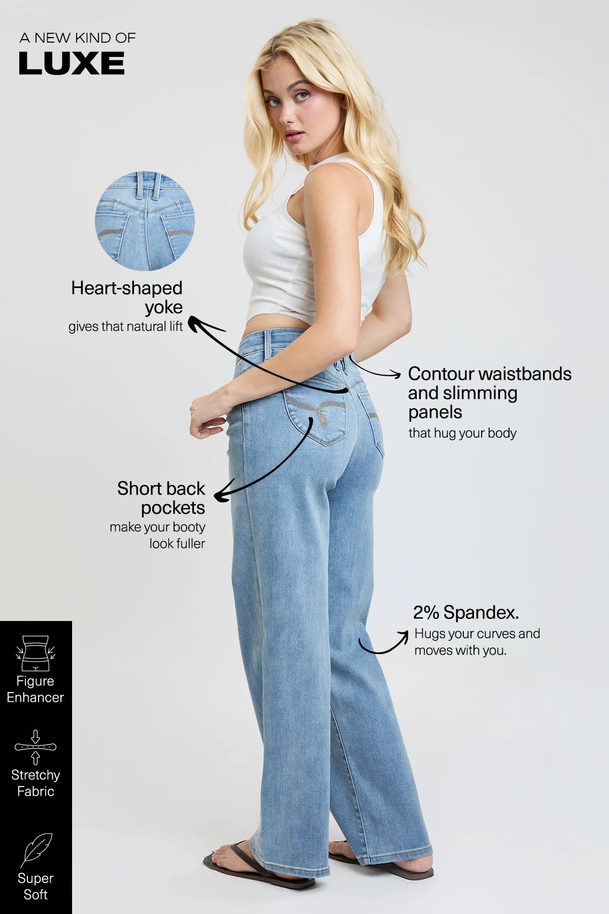 Close-up of the YMI JEANS WannaBettaButt Straight Jeans, highlighting the quality denim texture and stitching.