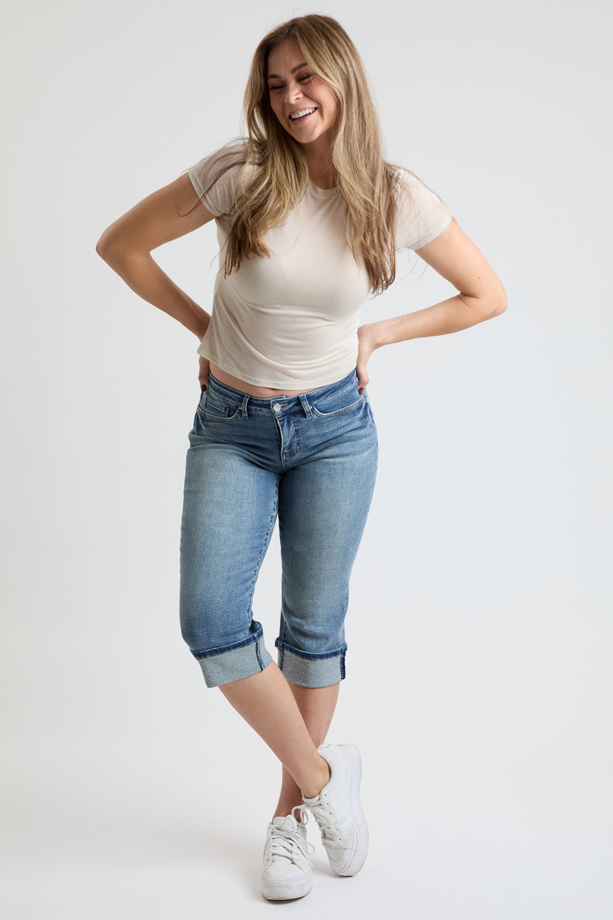 YMI JEANS Women's Premium Stretch Essential Cuff Capri - Side View