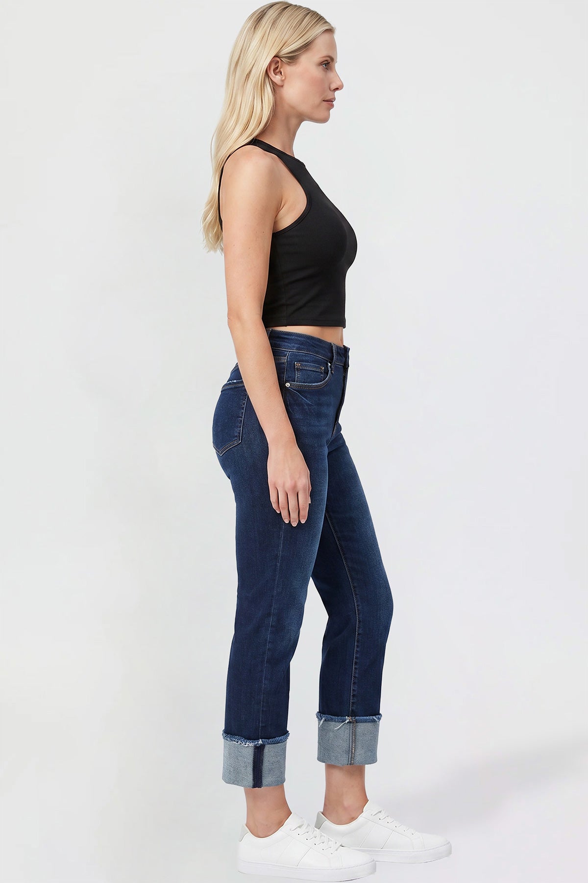 Back view of YMI JEANS Women's Premium Stretch Cropped Mega Cuff Jeans, showing pocket design and silhouette.