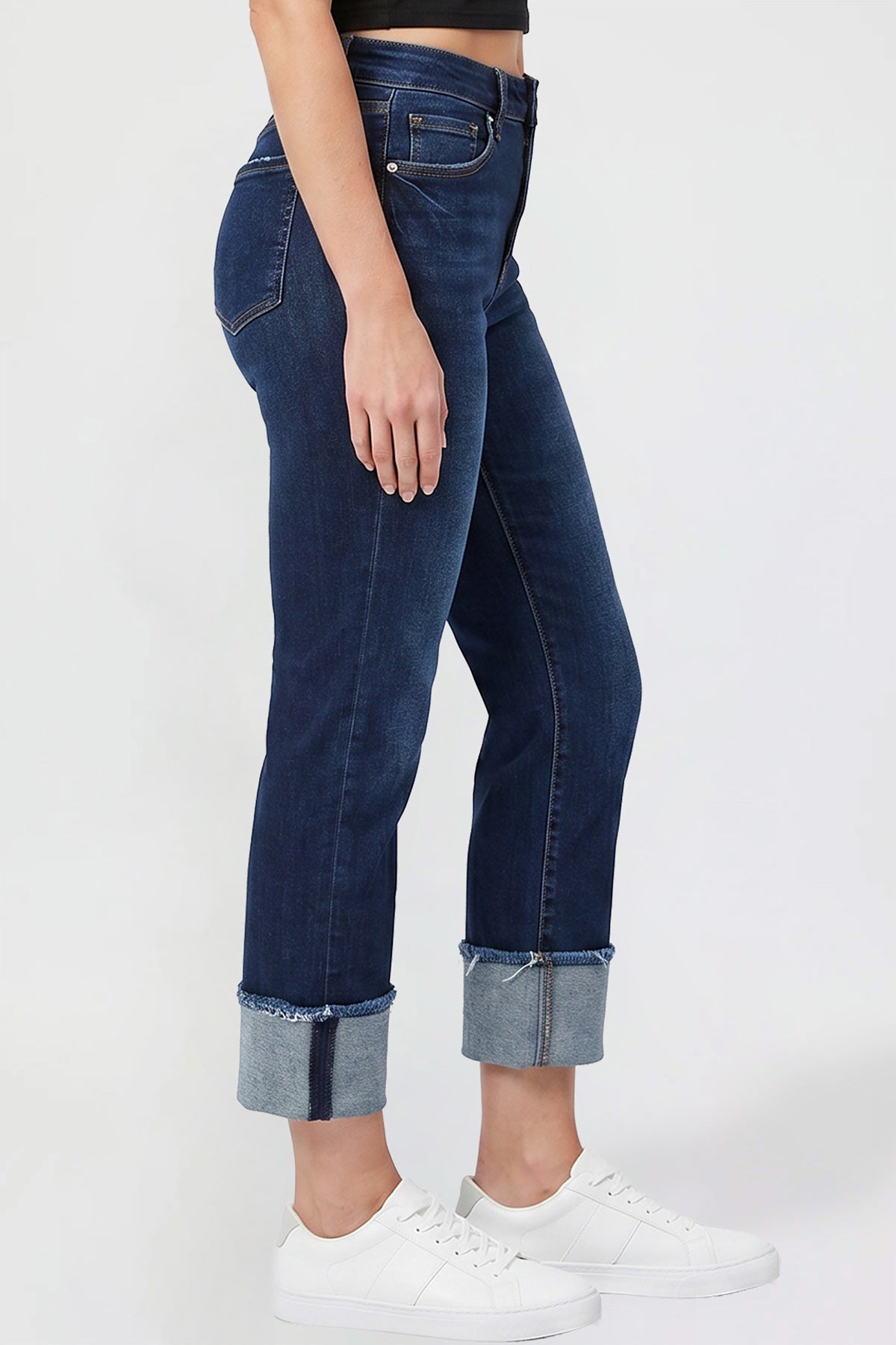 Close-up of the YMI JEANS Women's Mega Cuff Jeans, showcasing the unique wide ankle cuff detail.