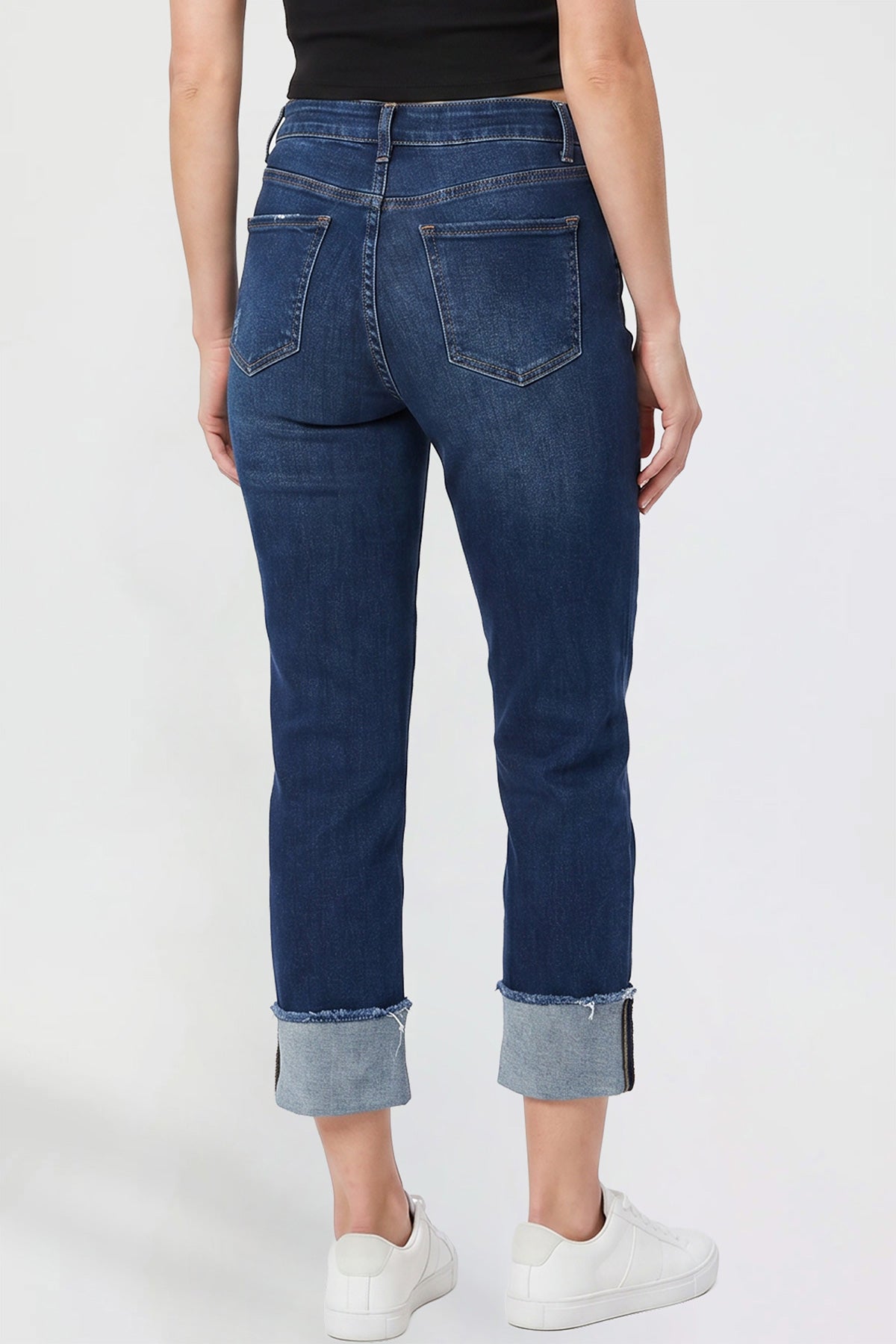 YMI JEANS Women's Premium Stretch Cropped Jeans, detail of the comfortable mid-rise waist and durable denim.