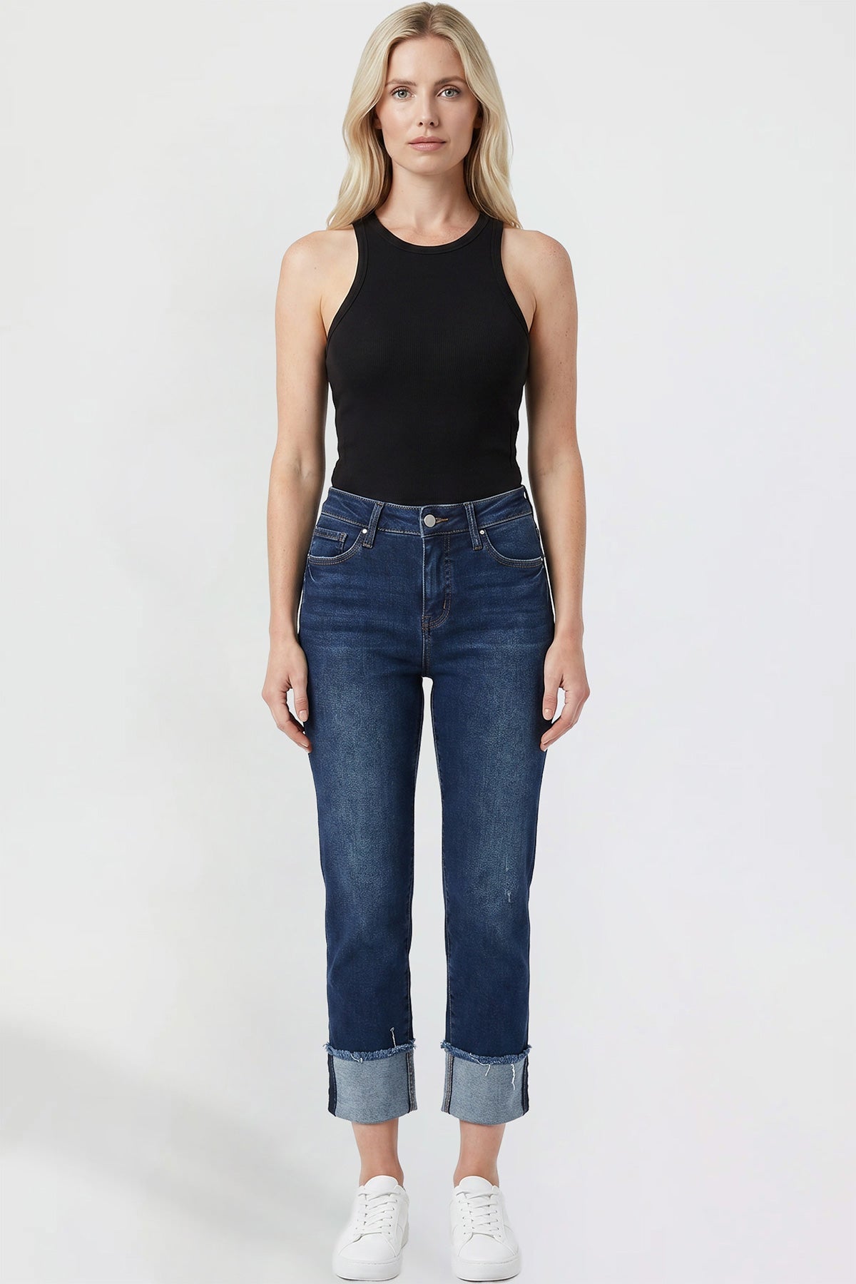 YMI JEANS Women's Premium Stretch Cropped Mega Cuff Jeans, full view, quality stretch denim, mid-rise fit.