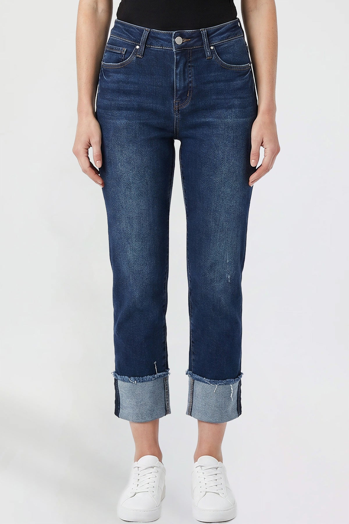 YMI JEANS Women's Cropped Mega Cuff Jeans, side view highlighting the trendy ankle cuffs and stretch denim.