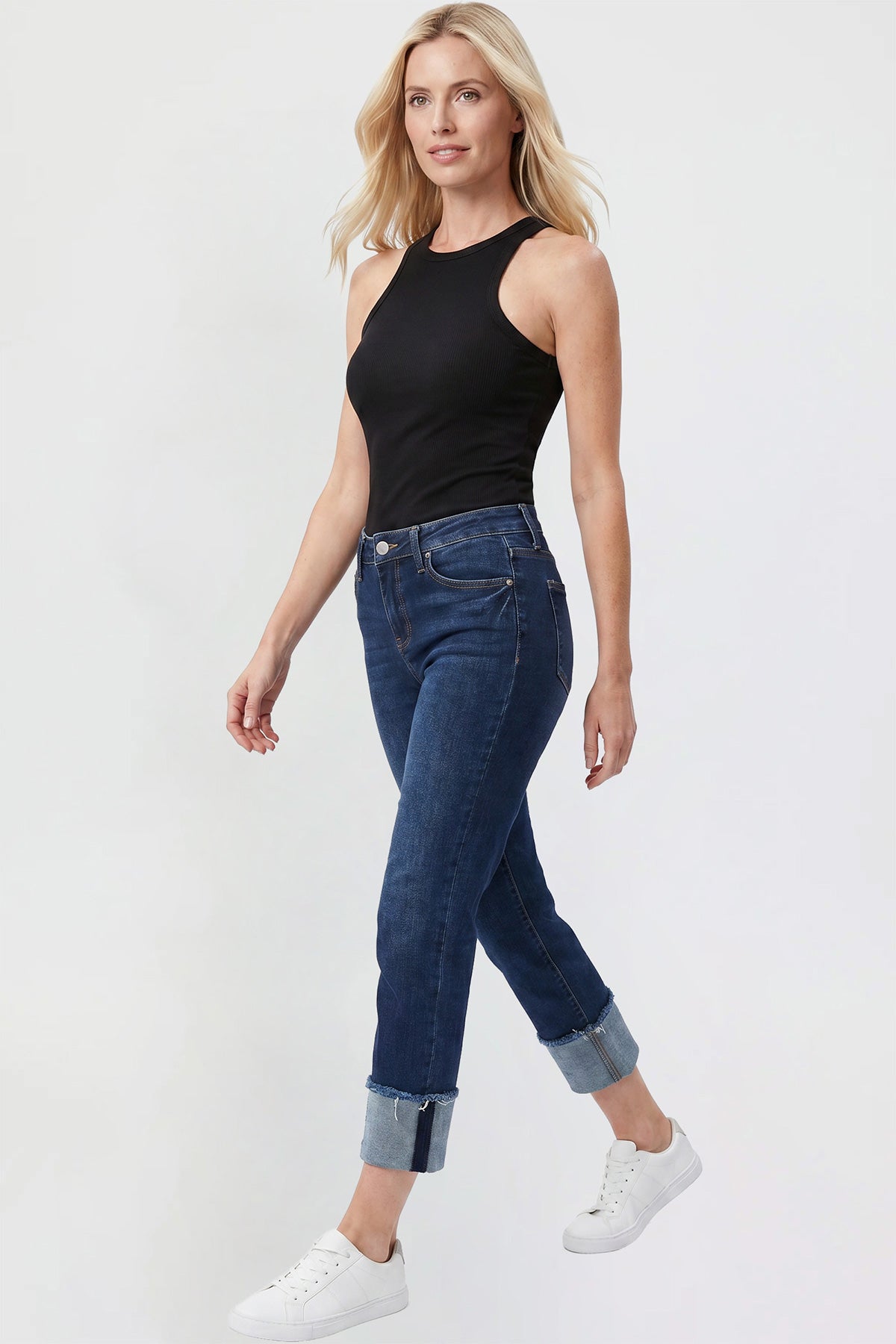 YMI JEANS Women's Cropped Mega Cuff Jeans, close-up on the stretch denim fabric texture and quality stitching.