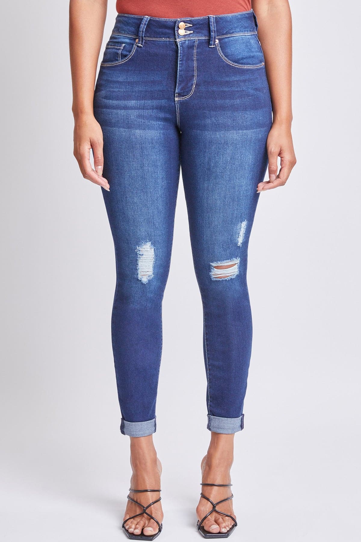 Pants Women's 2 Button Tummy Control Rolled Cuff Jean