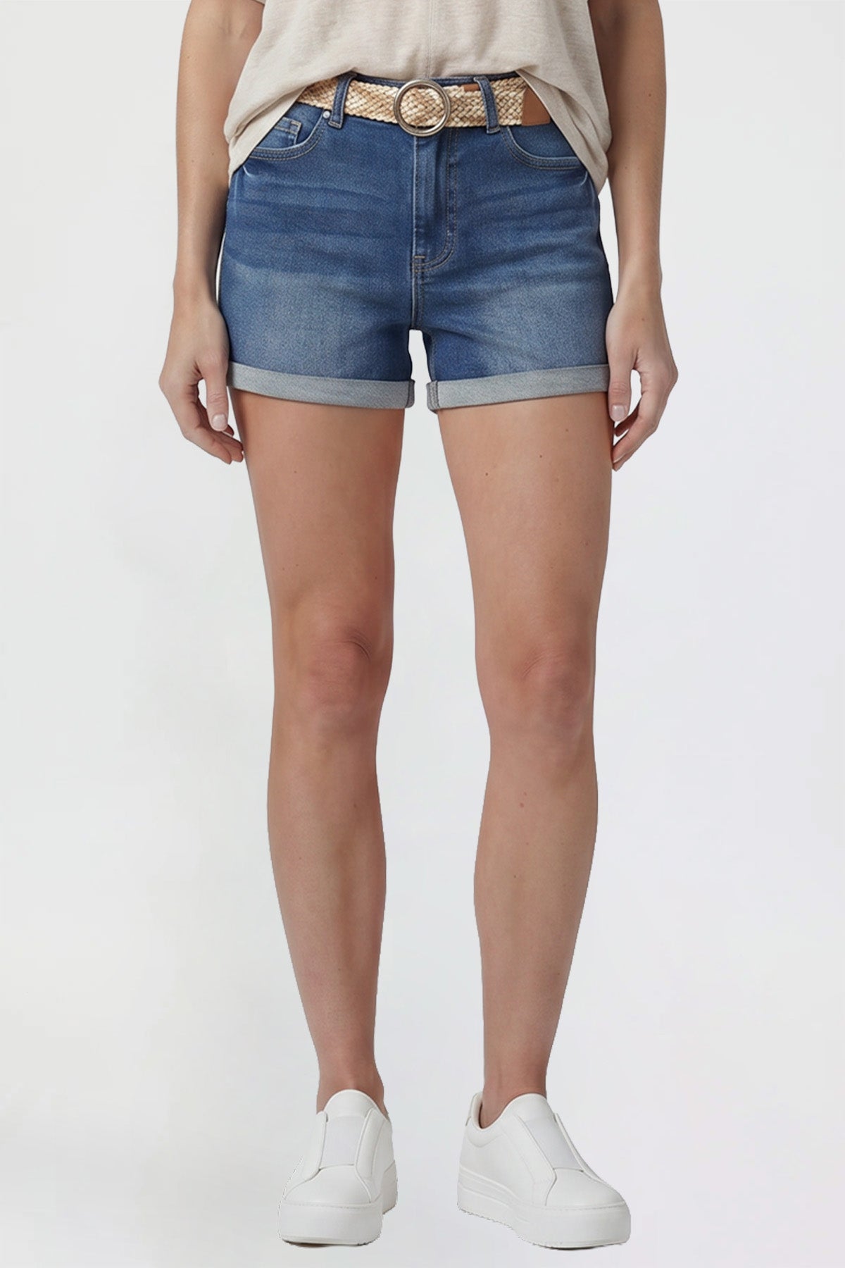 Women's Belted Premium Stretch Fold-Over Cuff Shorts
