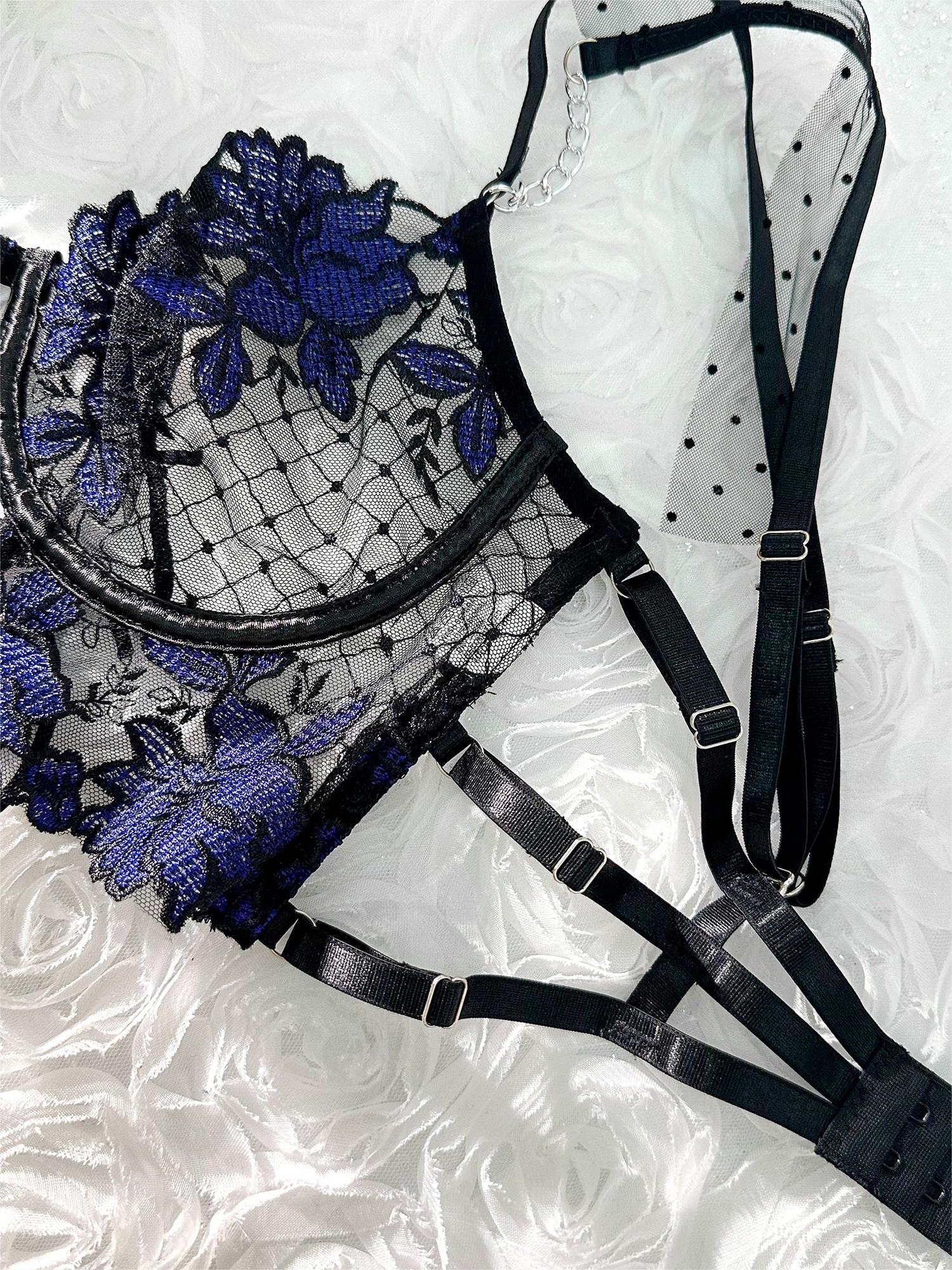 Black&Blue Lace Tie Adjustable Sculpting Body Lingerie Set Hello.LA.Girl