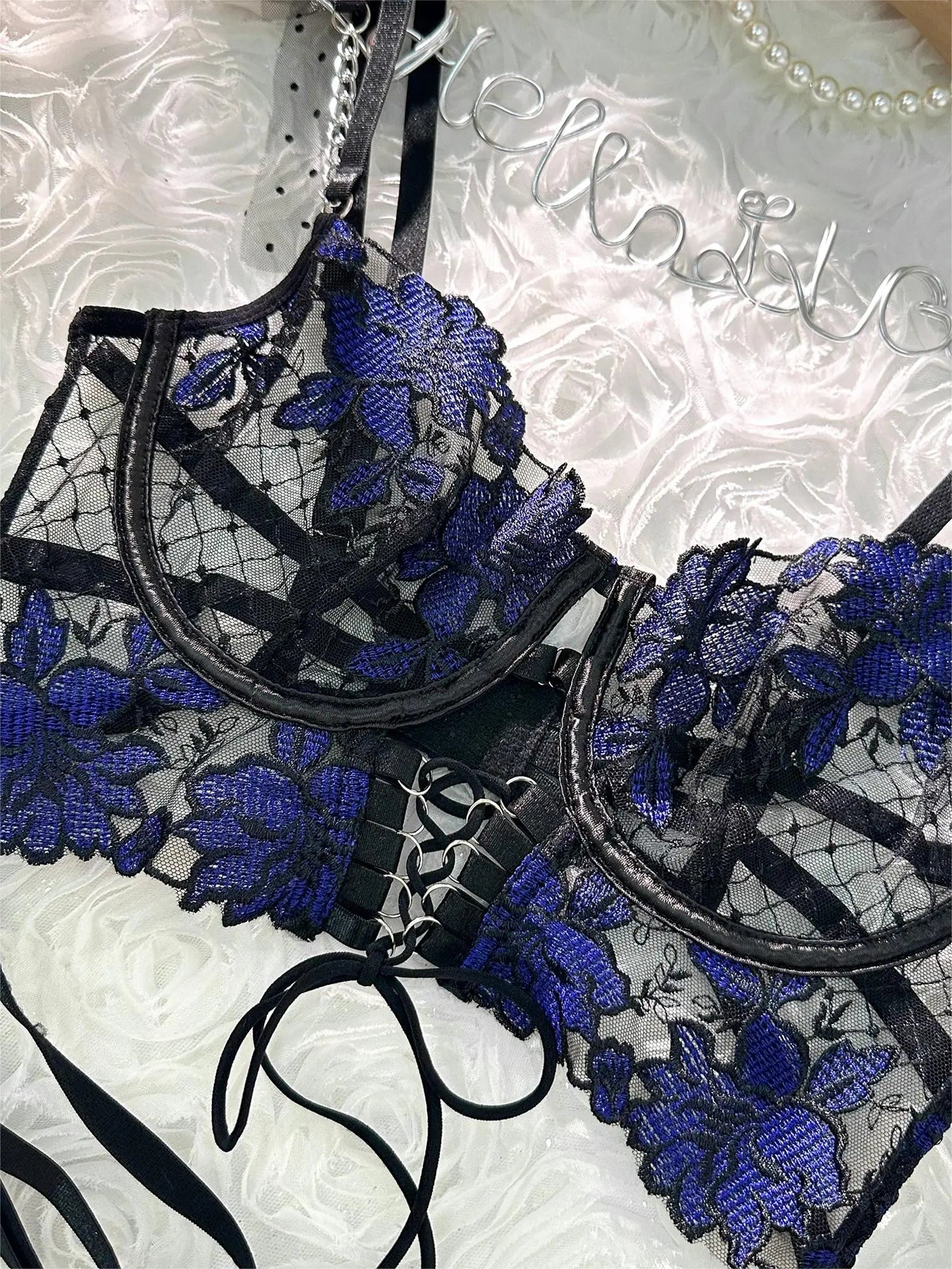Black&Blue Lace Tie Adjustable Sculpting Body Lingerie Set Hello.LA.Girl