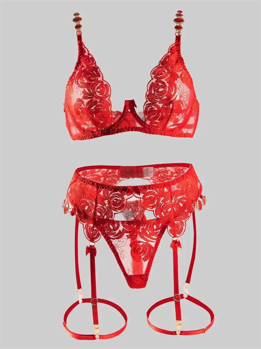 Red Embroidered Sexy Push Up Lingerie Set Hello.LA.Girl