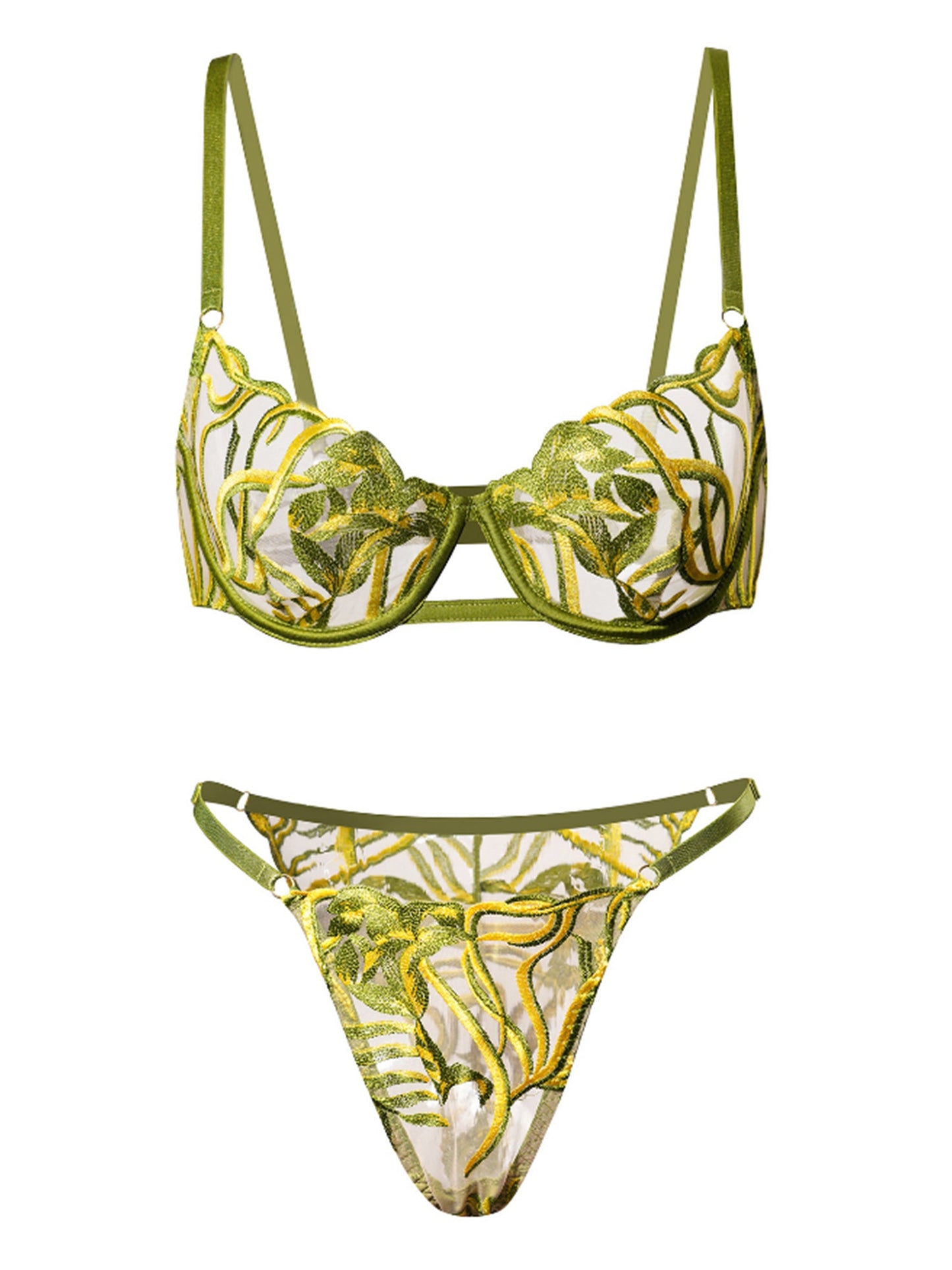 Green Leaves Lingerie Set with Intricate Embroidery Design