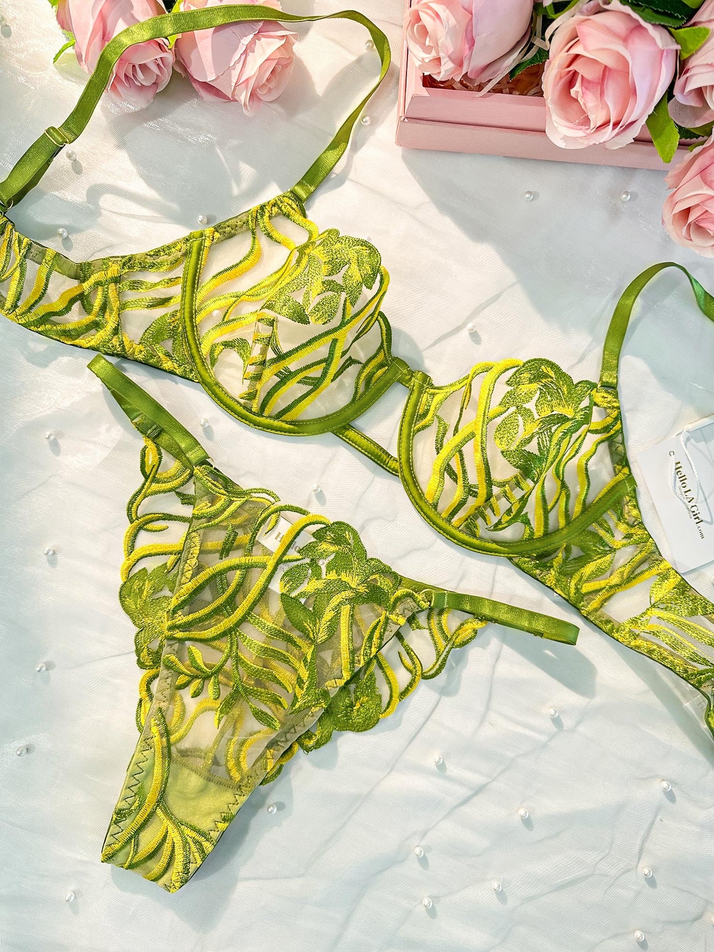 Green Leaves Lingerie Set with Intricate Embroidery Design