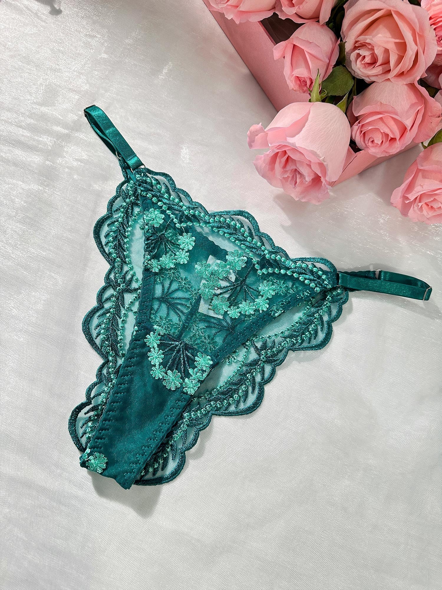 Vintage Turquoise Satin Embroidered Lingerie Thong Design Hello.LA.Girl