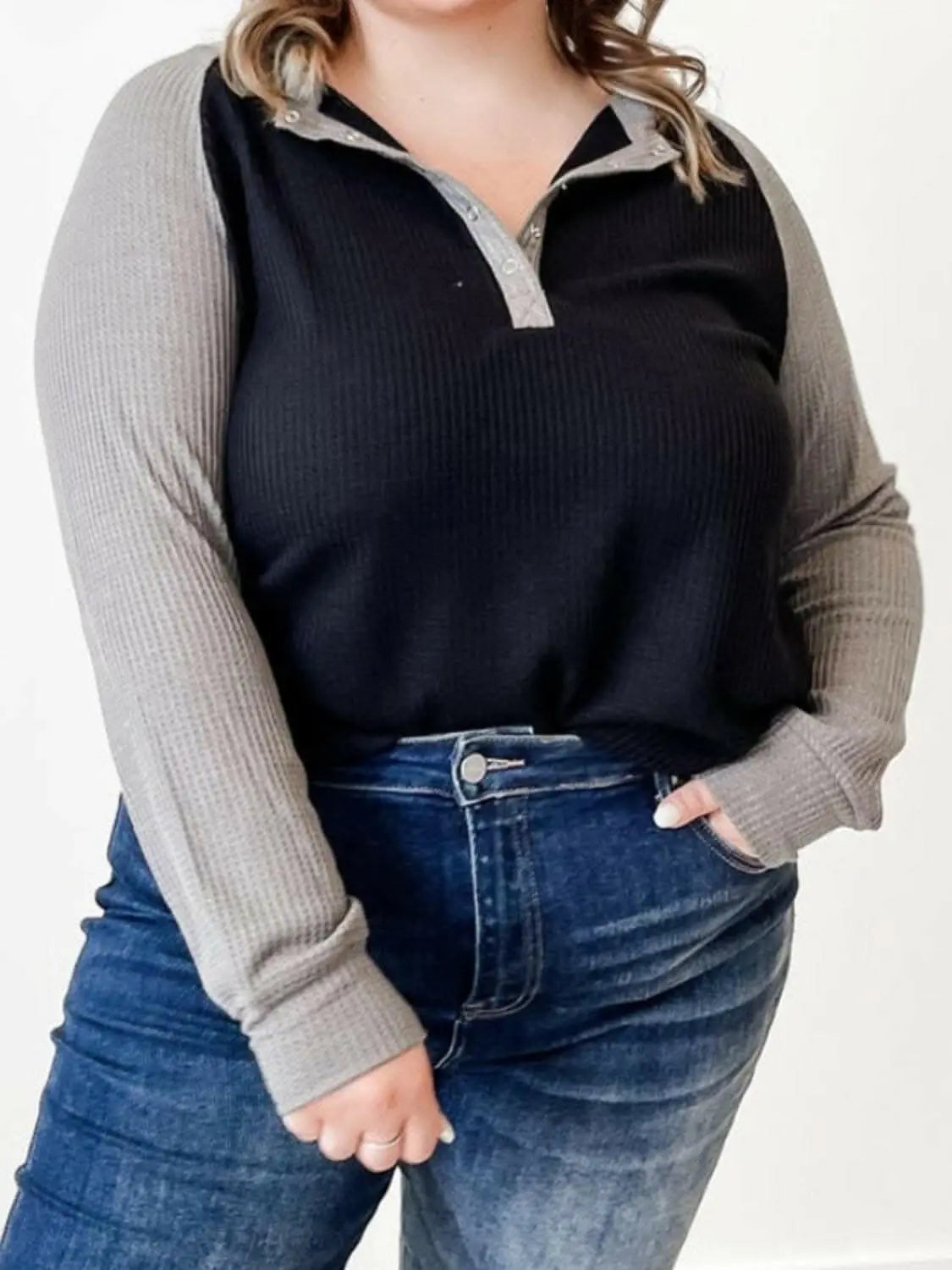 Waffle-knit plus size long sleeve top - Love Salve 