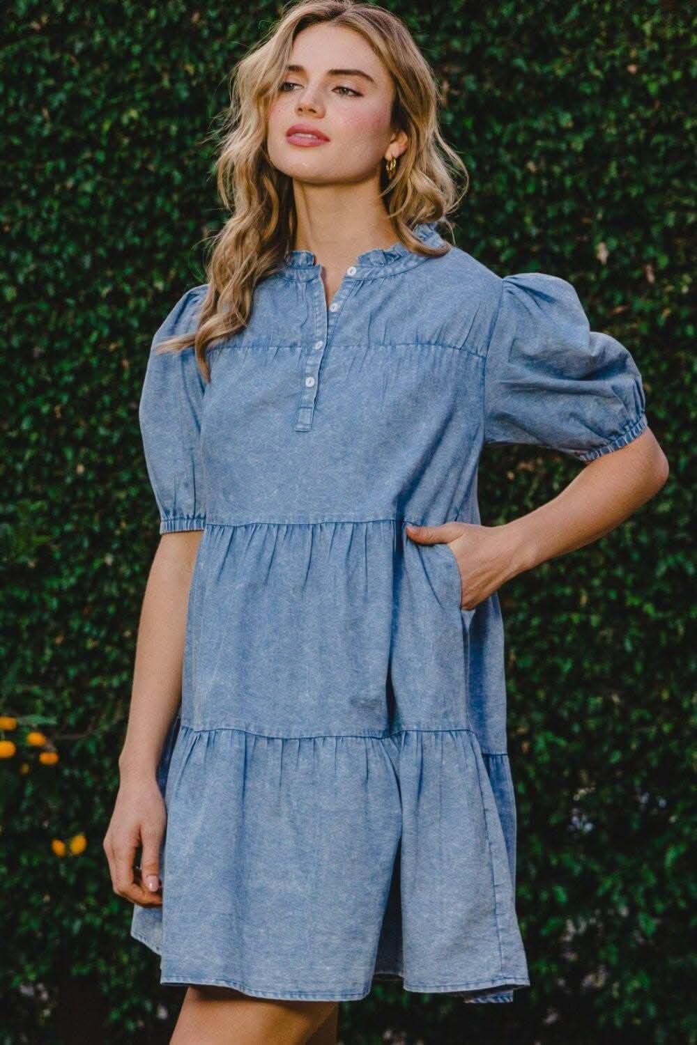 Washed Denim Tiered Mini Dress with Pockets 