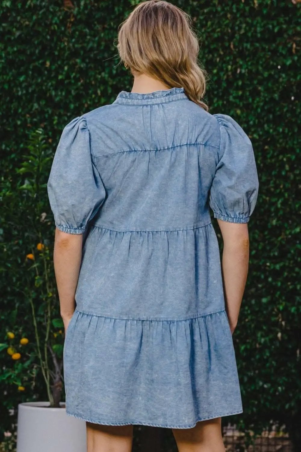 Washed Denim Tiered Mini Dress with Pockets - Love Salve 