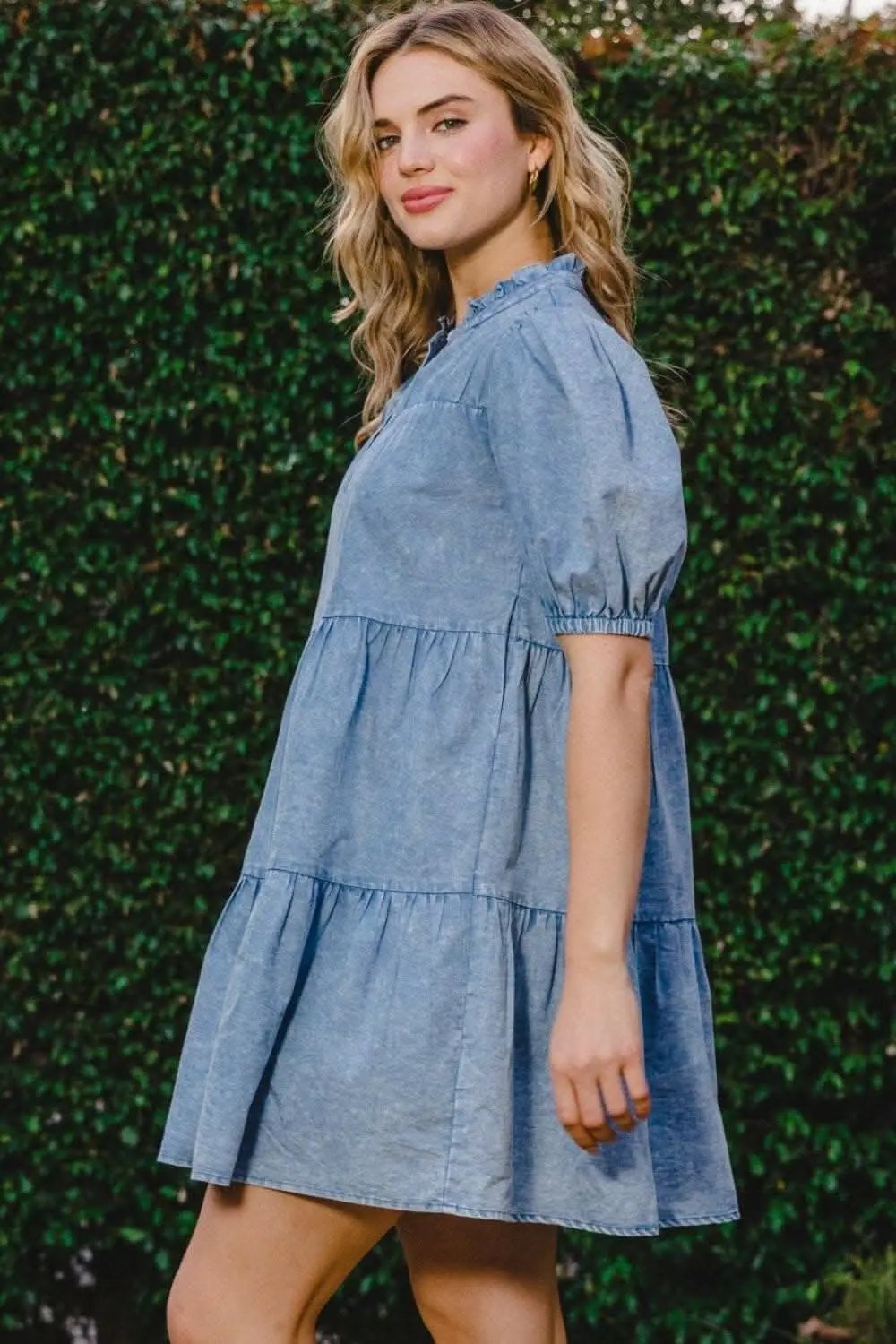 Washed Denim Tiered Mini Dress with Pockets - Love Salve 