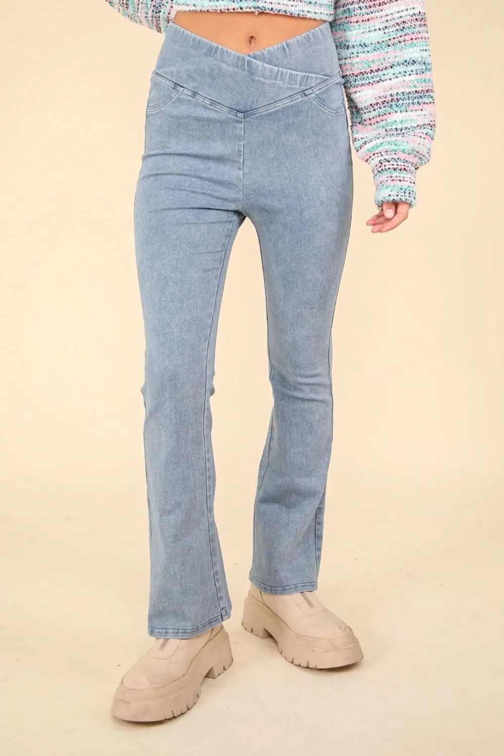 Washed denim crossover leggings - Love Salve 
