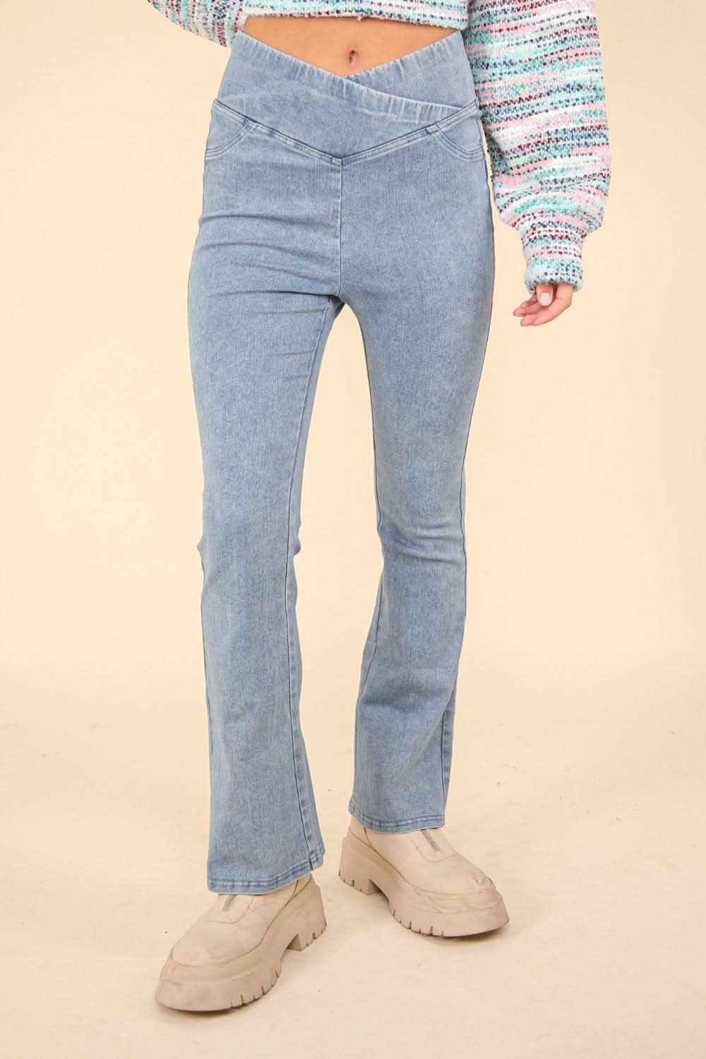 Washed denim crossover leggings - Love Salve 
