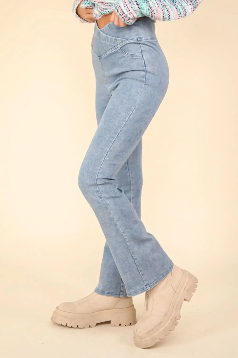 Washed denim crossover leggings - Love Salve 