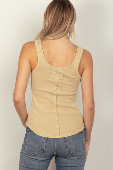 Washed ribbed tank with stylish placket detail - Love Salve 