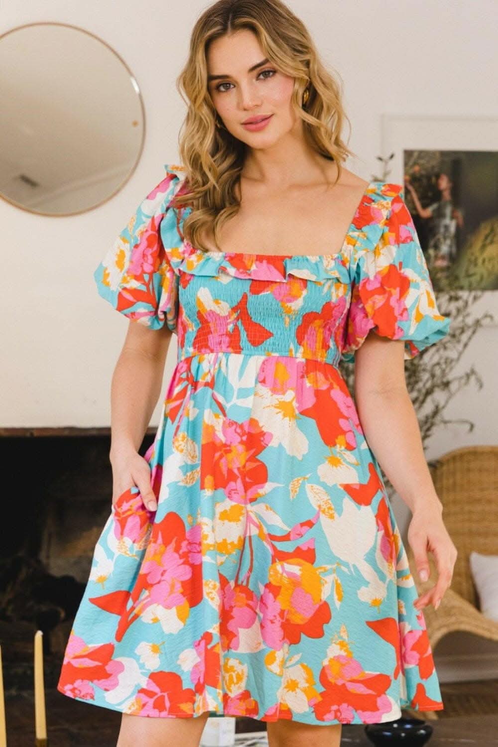 Whimsical Charm Printed Mini Dress with Puff Sleeves 