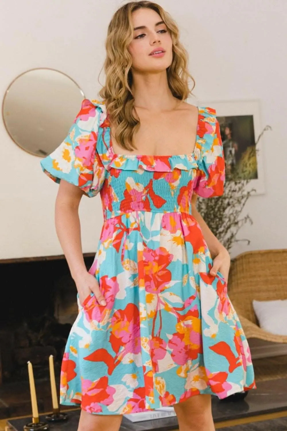 Whimsical Charm Printed Mini Dress with Puff Sleeves - Love Salve 