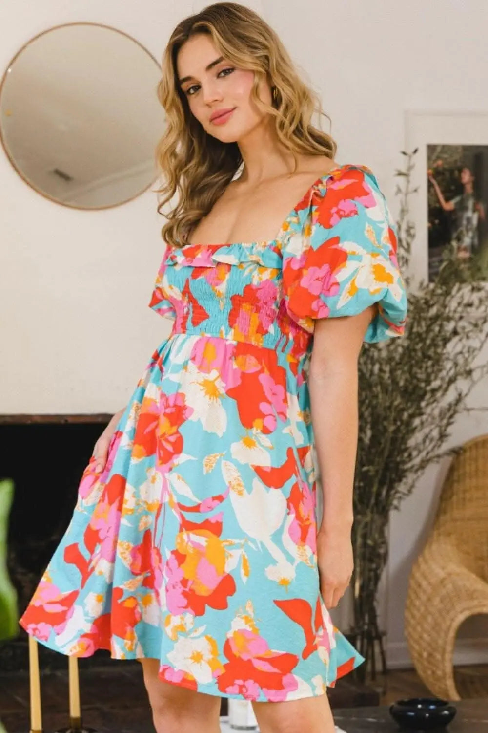Whimsical Charm Printed Mini Dress with Puff Sleeves - Love Salve 