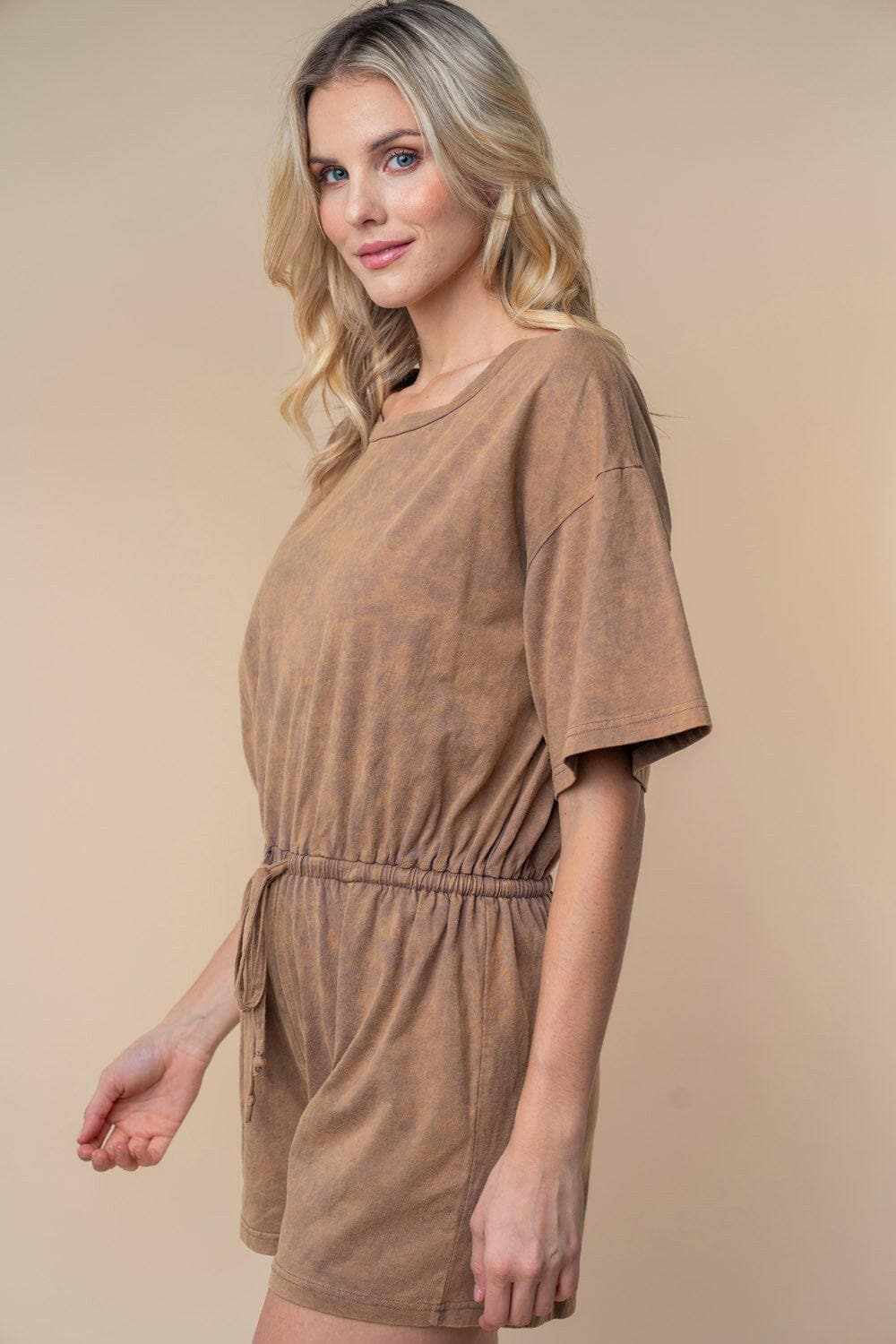 White Birch Full Size Short Sleeve Drawstring Romper 