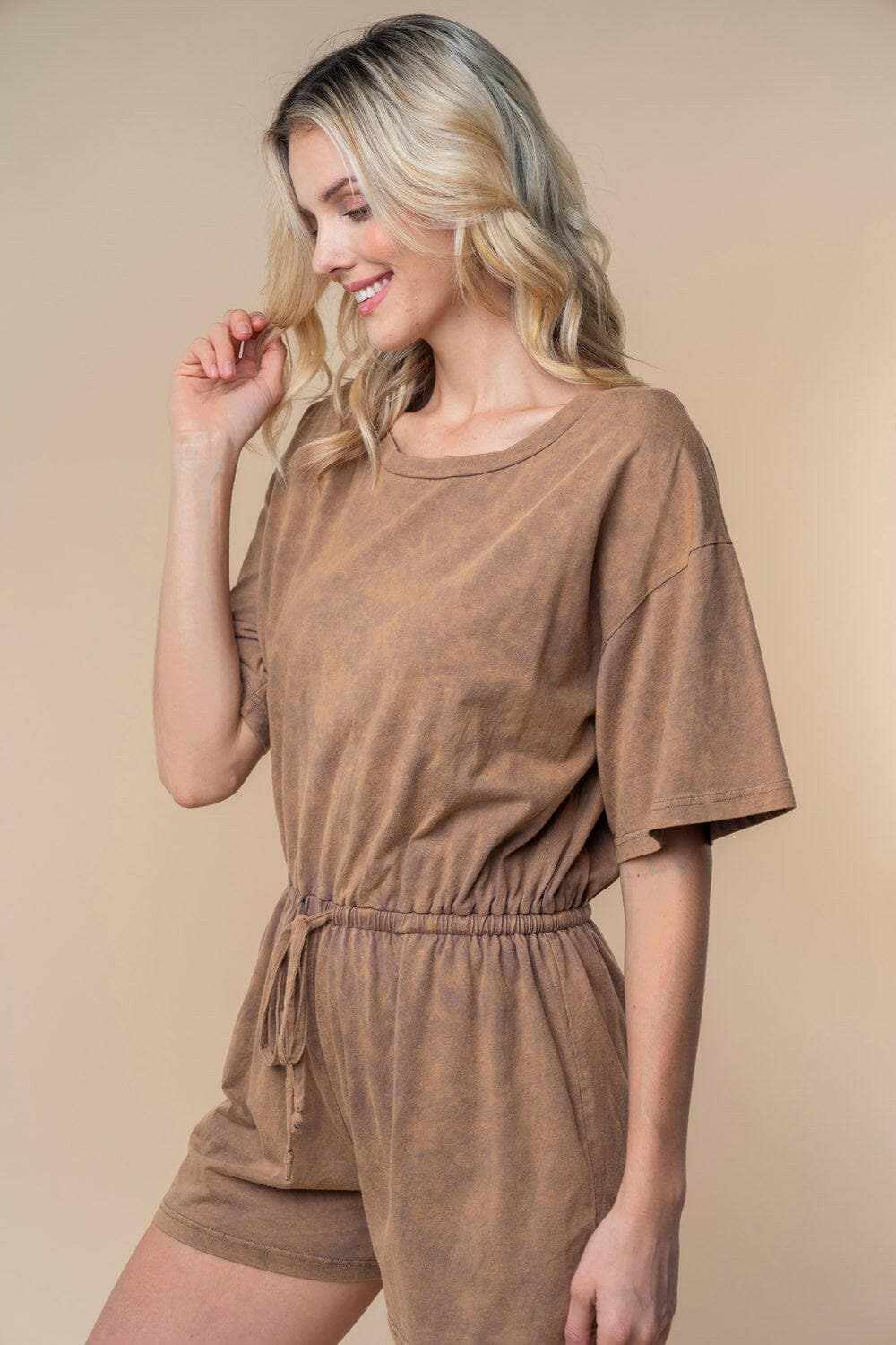 White Birch Full Size Short Sleeve Drawstring Romper - Love Salve 